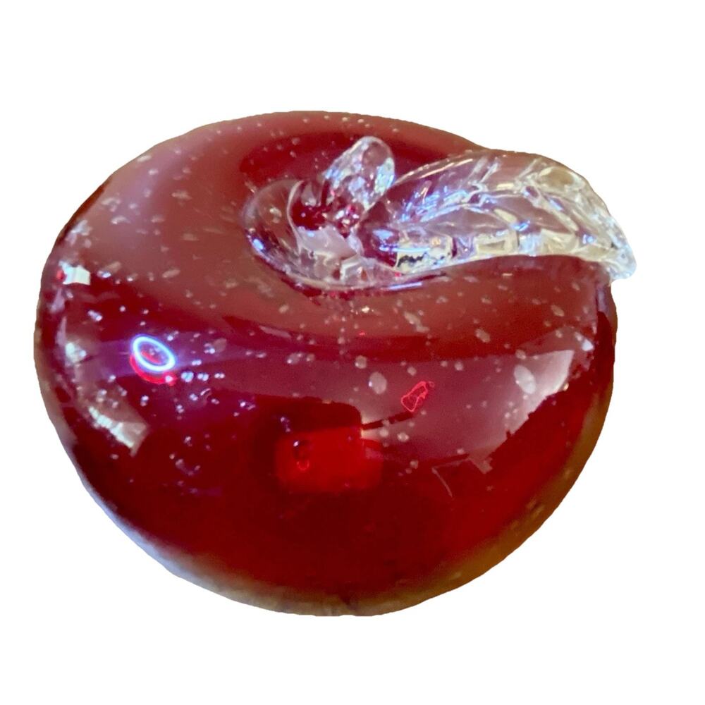 Pier 1 Glass Red Apple Paperweight Clear Leaf Stem Vintage Teacher